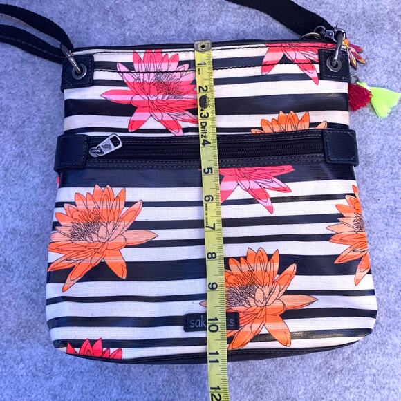 Sakroots Artist Designed Crossbody Bag, Black and White Striped Colorful Flowers - Picture 10 of 10